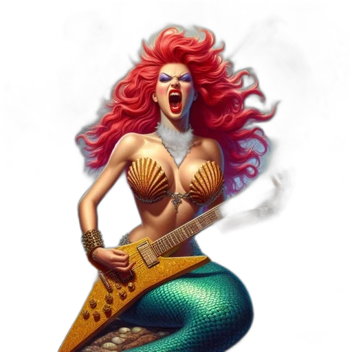 fantasy art, comic book art, concept art, pixel art, underwater, mermaid, red, hair transparent PNG cut-out