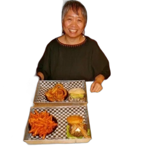food, woman, sits, table, burger, fries, onion, rings transparent PNG cut-out