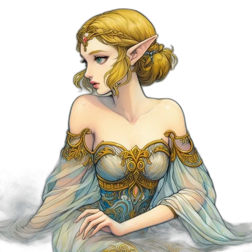 dress, crown, fantasy art, concept art, watercolor, pixel art, pastel, golden transparent PNG cut-out