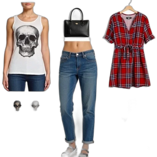 monochrome, dark, collage, various, fashion, items, accessories, including transparent PNG cut-out