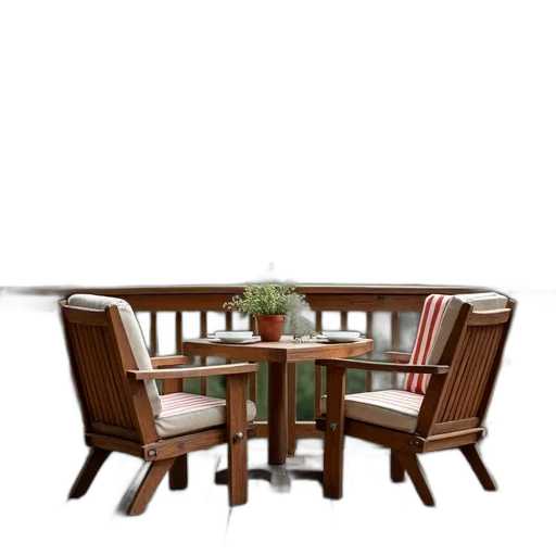 furniture, 3d render, photorealistic, wooden, deck, two, chairs, table transparent PNG cut-out