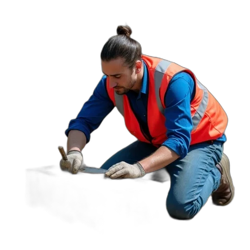 staff, jacket, man, blue, shirt, jeans, kneeling, ground transparent PNG cut-out