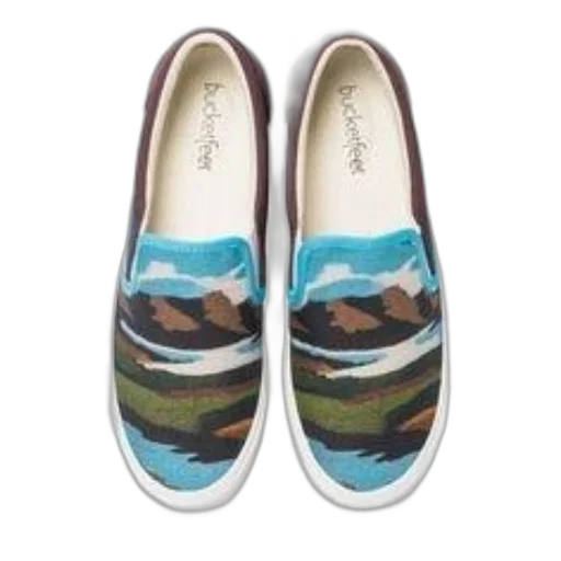 shoes, watercolor, oil painting, pair, slip-on, mountain, lake, scene transparent PNG cut-out