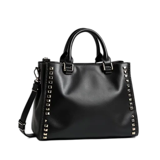 monochrome, black, leather, handbag, silver, studs, long, strap transparent PNG cut-out