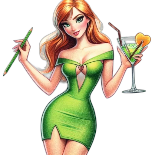 dress, staff, cartoon, comic book art, concept art, fantasy art, green, animated transparent PNG cut-out