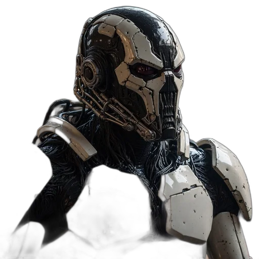robot, mask, creature, weapon, concept art, 3d render, comic book art, fantasy art transparent PNG cut-out