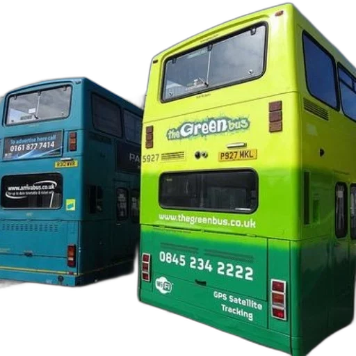 two, double-decker, buses, one, green, blue, bus, having transparent PNG cut-out