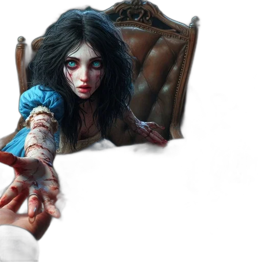 concept art, fantasy art, comic book art, photorealistic, unsettling, scene, features, woman transparent PNG cut-out