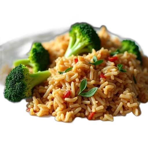 food, plate, stir-fried, rice, broccoli, side, chicken transparent PNG cut-out