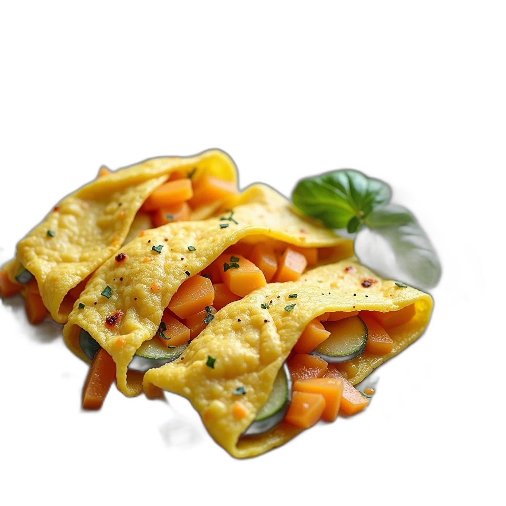 food, 3d render, photorealistic, plate, three, folded, omelets, cheese transparent PNG cut-out