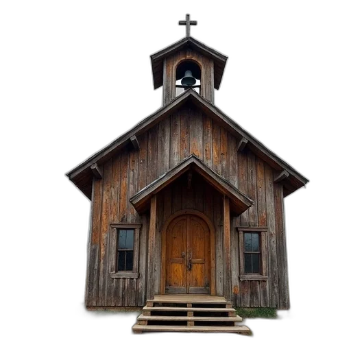building, 3d render, rustic, wooden, church, weathered, appearance, featuring transparent PNG cut-out