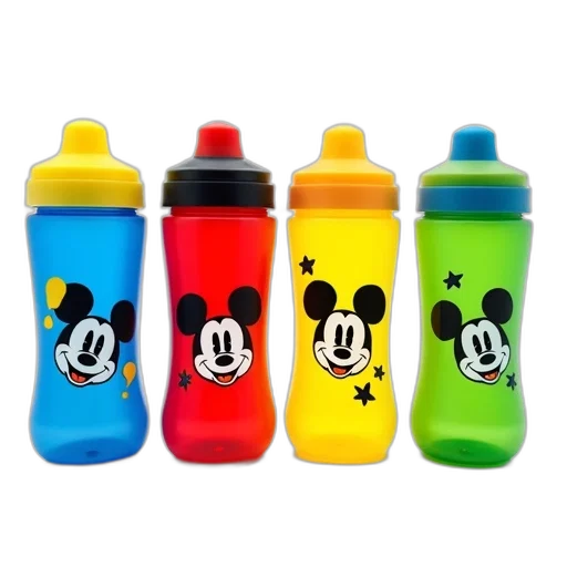 bottle, set, four, colorful, mickey, mouse-themed, sippy, cups transparent PNG cut-out