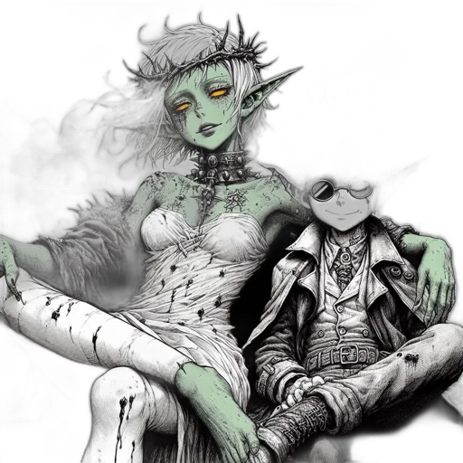 fantasy art, concept art, comic book art, watercolor, green, monochrome, two, animated transparent PNG cut-out
