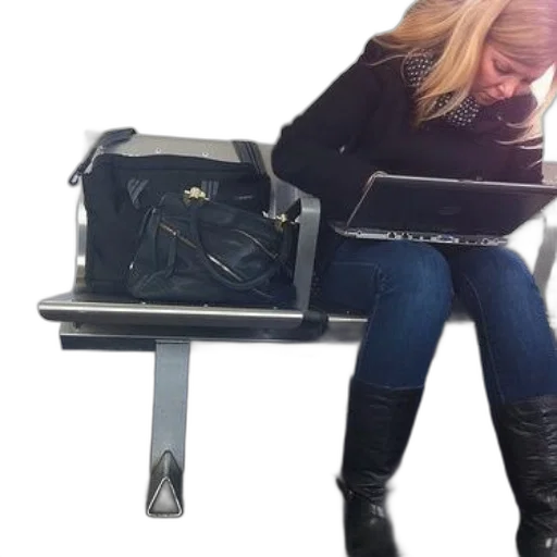 furniture, jacket, staff, robot, woman, black, boots, sits transparent PNG cut-out