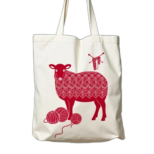 white, tote, bag, red, design, featuring, sheep, knitting transparent PNG cut-out