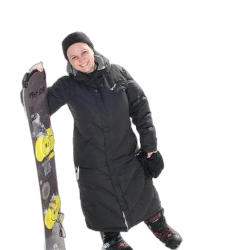 jacket, staff, woman, black, coat, holds, snowboard, yellow transparent PNG cut-out
