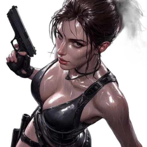weapon, cyberpunk, comic book art, concept art, fantasy art, woman, determined, look transparent PNG cut-out