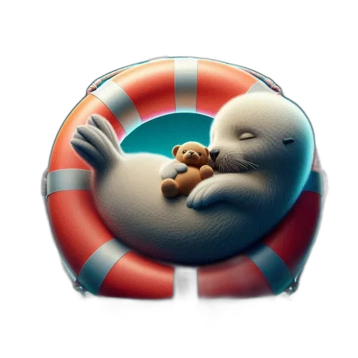 concept art, 3d render, underwater, seal, sits, lifebuoy, sea, night transparent PNG cut-out