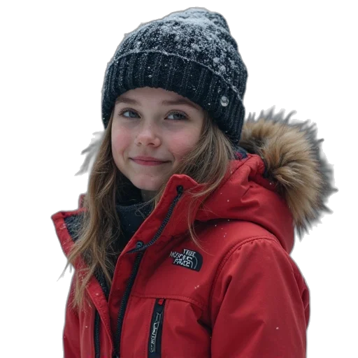 hat, jacket, face, staff, photorealistic, snow, north, girl transparent PNG cut-out