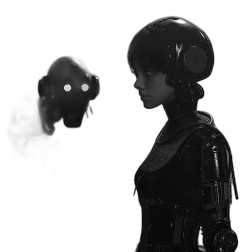 robot, mask, creature, dress, concept art, cyberpunk, 3d render, comic book art transparent PNG cut-out