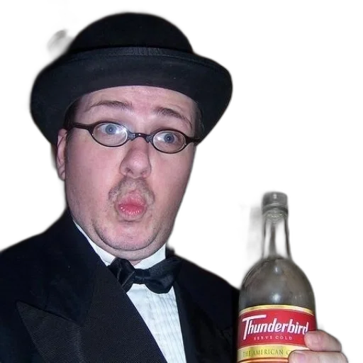 bottle, hat, staff, food, photorealistic, man, tuxedo, holding transparent PNG cut-out