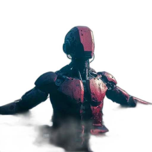 robot, mask, jacket, sword, concept art, 3d render, cyberpunk, comic book art transparent PNG cut-out