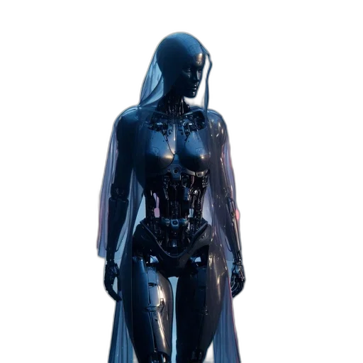 robot, dress, concept art, cyberpunk, 3d render, comic book art, blue, dark transparent PNG cut-out