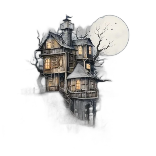 building, concept art, fantasy art, watercolor, pixel art, fog, night, dark transparent PNG cut-out
