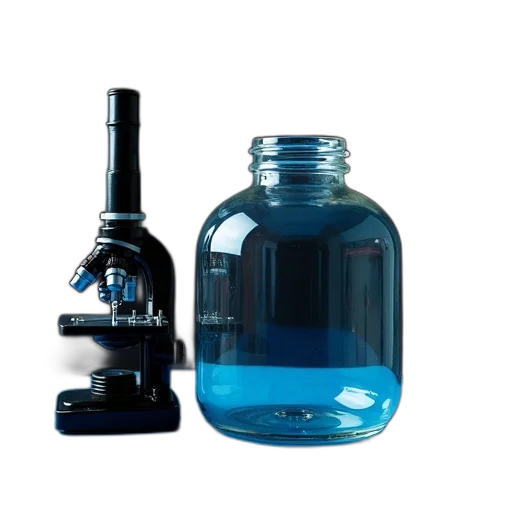 bottle, 3d render, blue, microscope, large, glass, jar, placed transparent PNG cut-out