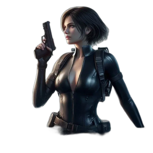 weapon, jacket, concept art, cyberpunk, comic book art, 3d render, woman, stands transparent PNG cut-out