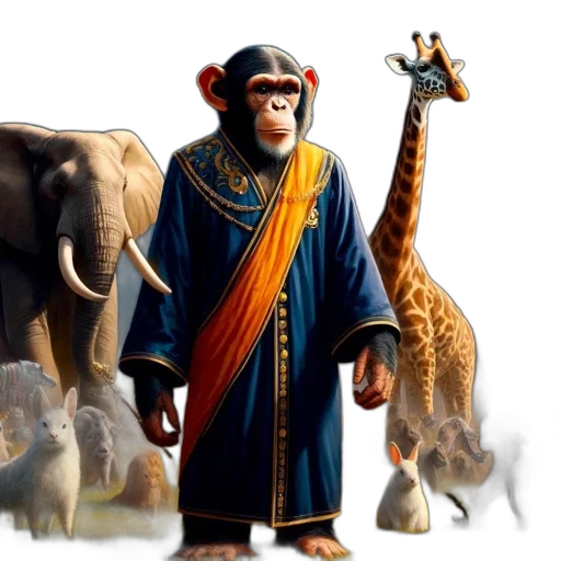 animal, concept art, fantasy art, photorealistic, 3d render, chimpanzee, regal, robes transparent PNG cut-out