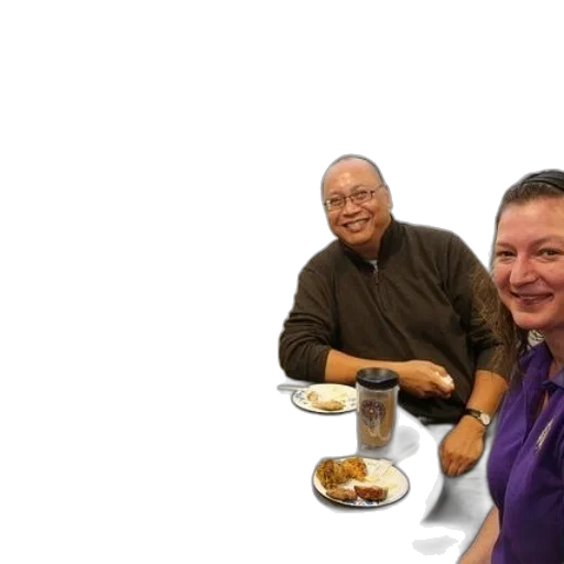 food, staff, face, three, people, sit, table, plates transparent PNG cut-out
