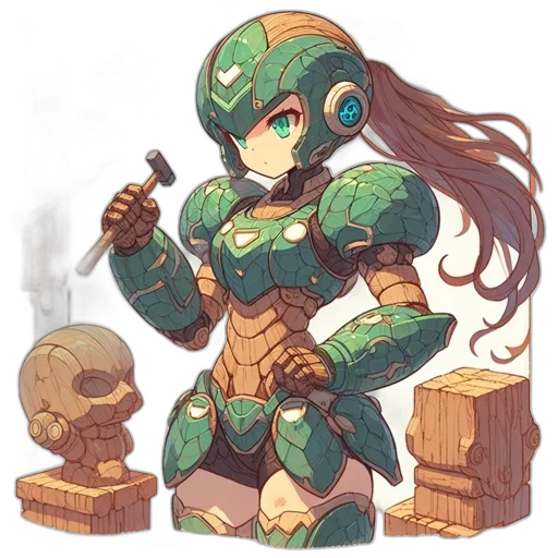 robot, weapon, concept art, fantasy art, pixel art, anime, green, earth tones transparent PNG cut-out