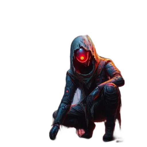 jacket, mask, robot, creature, concept art, cyberpunk, pixel art, 3d render transparent PNG cut-out