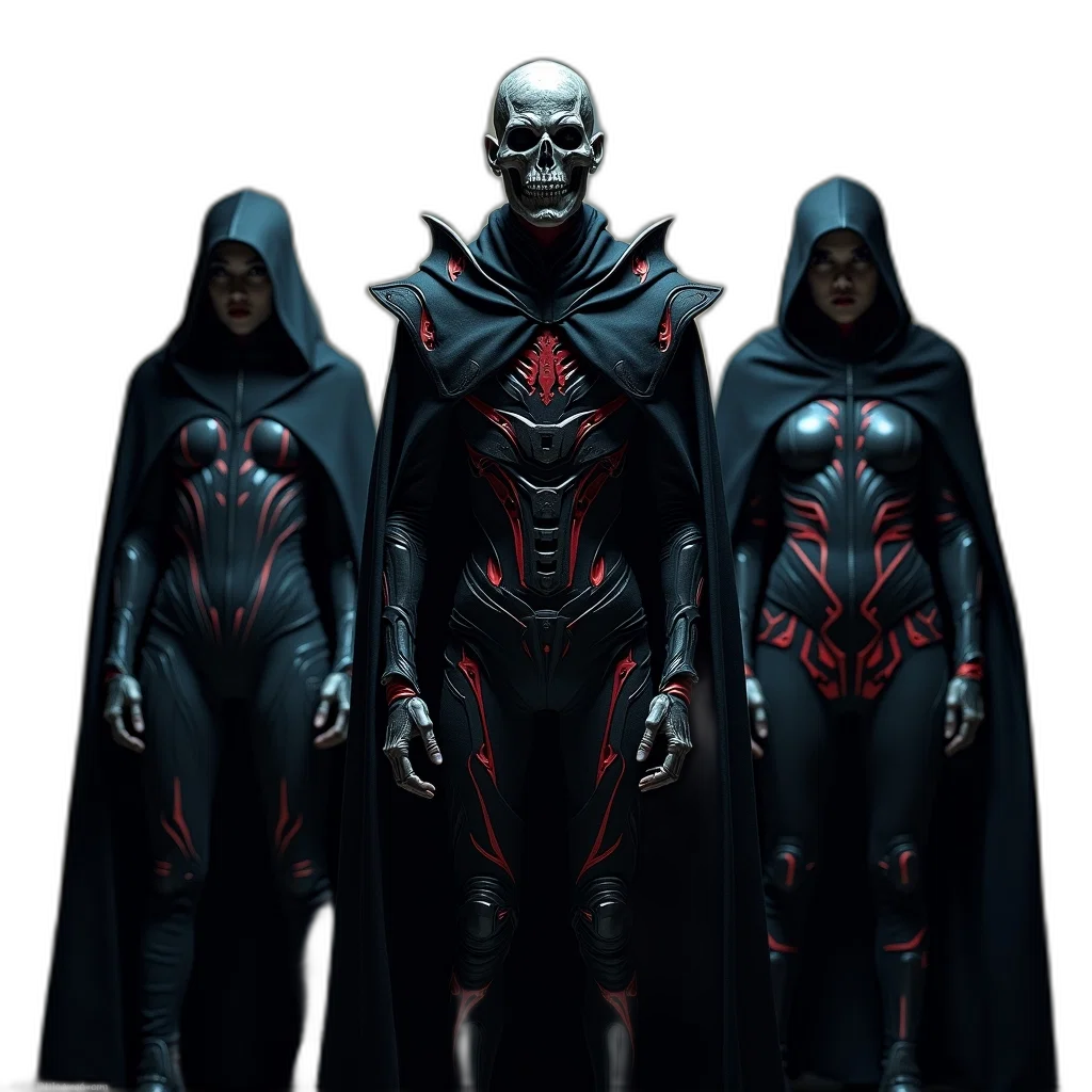 concept art, comic book art, 3d render, fantasy art, dark, red, group, three transparent PNG cut-out
