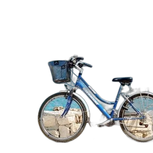 car, photorealistic, 3d render, concept art, blue, bicycle, basket, parked transparent PNG cut-out