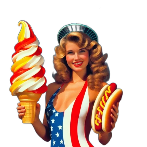 food, vaporwave, woman, flag-themed, bikini, holds, hot, dog transparent PNG cut-out