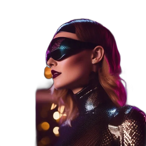 mask, jacket, jewelry, robot, cyberpunk, neon lights, dark, woman transparent PNG cut-out