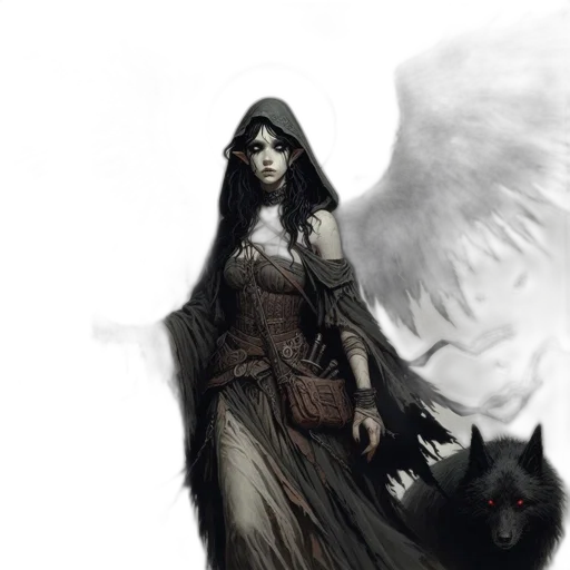 fantasy art, concept art, comic book art, pixel art, dark, monochrome, hooded, female transparent PNG cut-out