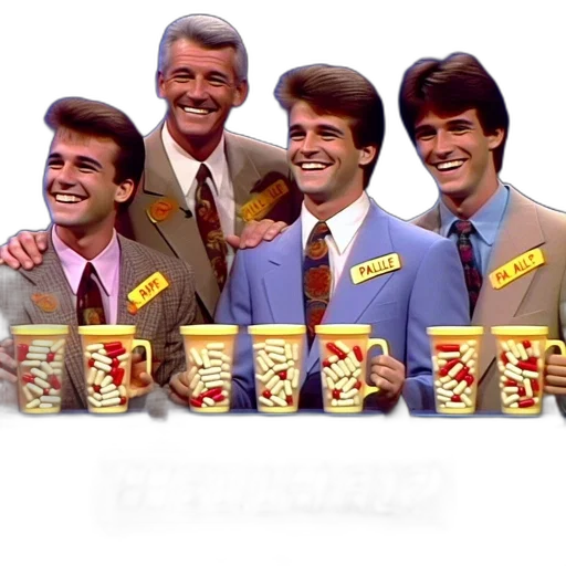 food, four, men, hold, mugs, capsules, game, show transparent PNG cut-out