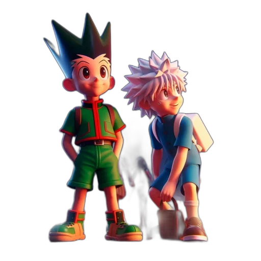 3d render, concept art, pixel art, comic book art, two, animated, characters, one transparent PNG cut-out