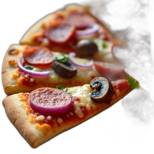 food, 3d render, photorealistic, close-up, view, slice, pizza, variety transparent PNG cut-out
