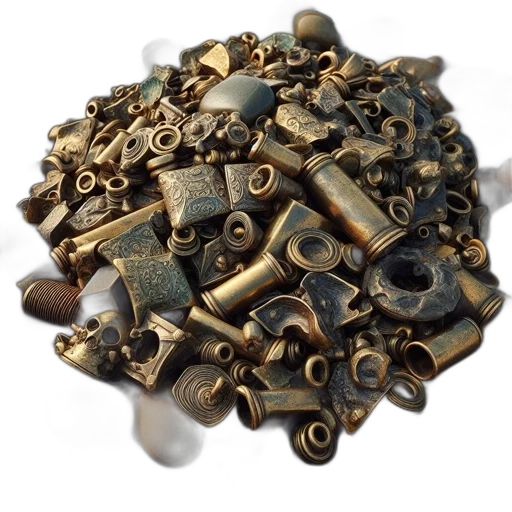 weapon, jewelry, crown, robot, 3d render, earth tones, golden, artifacts transparent PNG cut-out