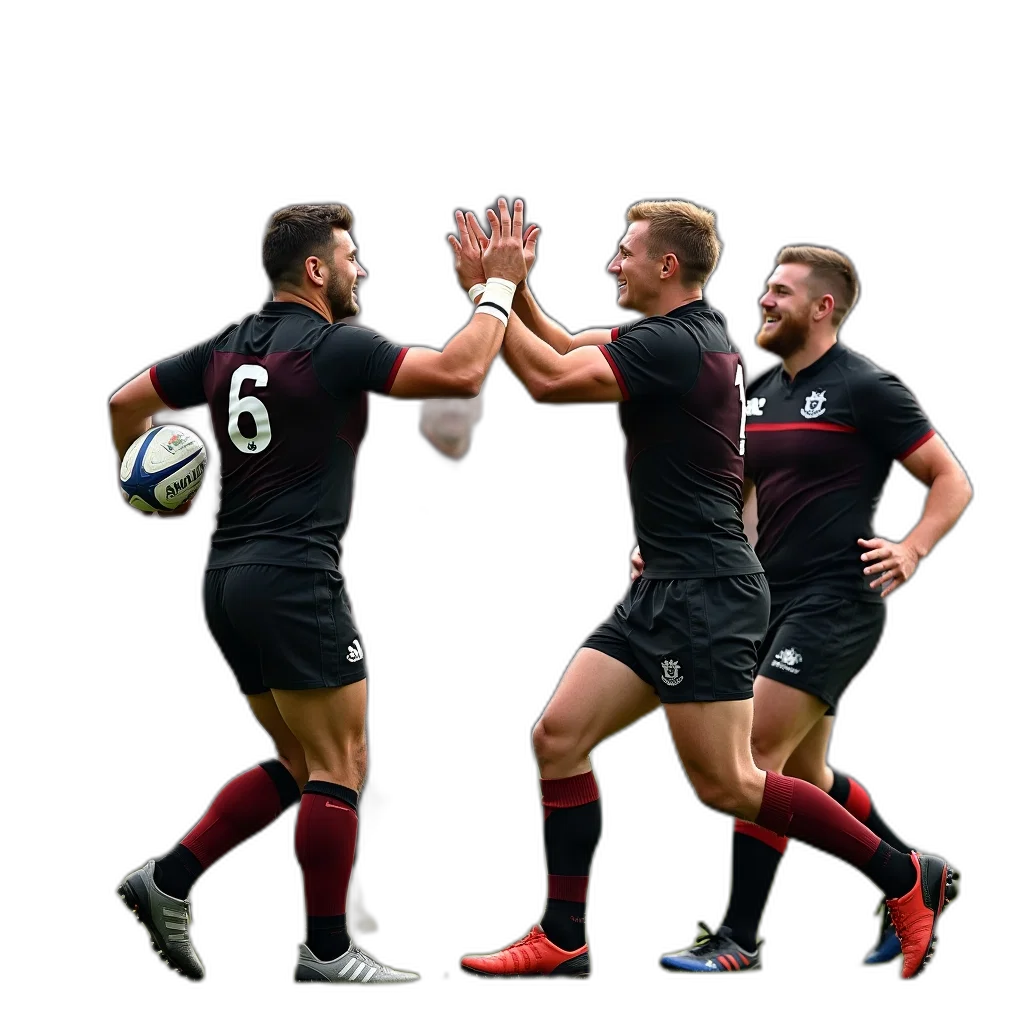 group, rugby, players, black, red, uniforms, celebrating, victory transparent PNG cut-out