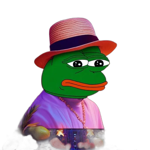 hat, vaporwave, photorealistic, pepe, frog, meme, figure, wears transparent PNG cut-out