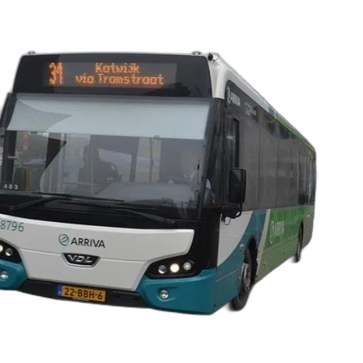 3d render, green, white, bus, destination, katwijk, via, tramstraat transparent PNG cut-out