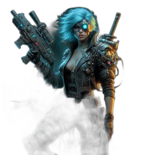weapon, cyberpunk, concept art, comic book art, fantasy art, blue, futuristic, neon-lit transparent PNG cut-out