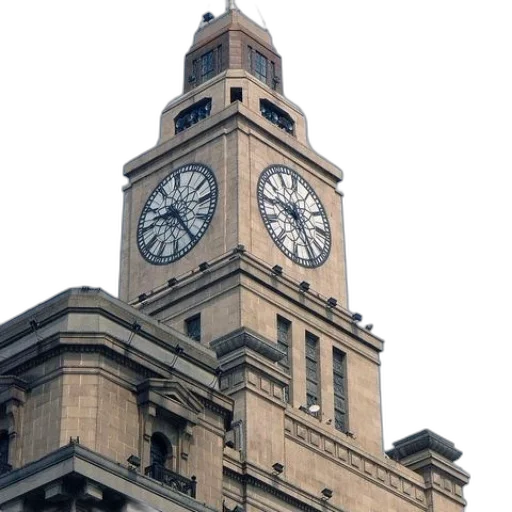 building, city street, tall, clock, tower, two, clocks, front transparent PNG cut-out