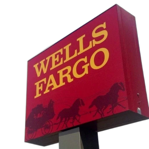 red, wells, fargo, sign, blue, sky, background transparent PNG cut-out