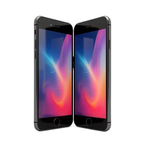 3d render, two, identical, black, smartphones, displayed, side, against transparent PNG cut-out